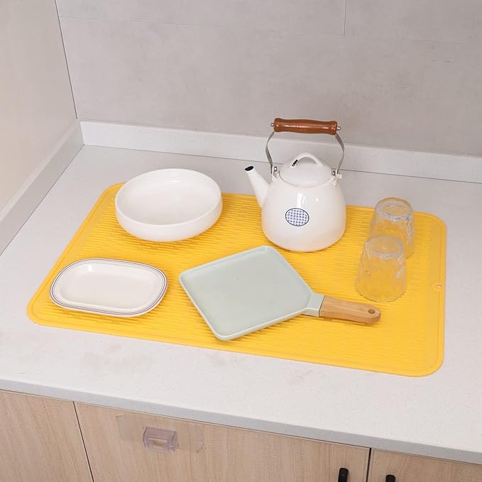 Silicone Dish Drying Mat for Multiple Usage,Easy clean,Eco-friendly,Heat-resistant Silicone Mat for Kitchen Counter or Sink,Refrigerator or Drawer Liner Yellow 3XL 28 inches x 18 inches - Bloomnest