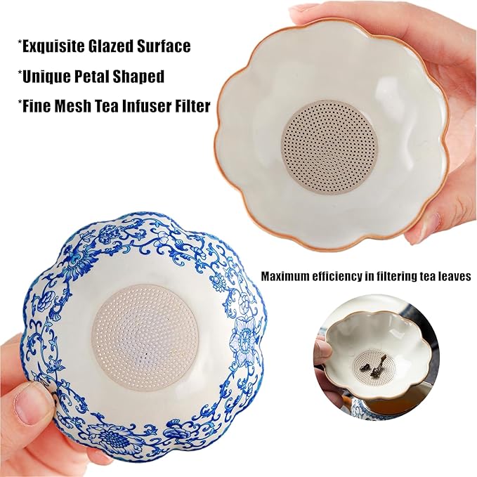 Ceramic Tea Infuser Strainers with Support Holder Saucer - Blue and White Porcelain Entangled Lotus Floral Pattern, Fine Mesh Loose Leaf Tea Colander Filter Kungfu Tea Ceremony Utensils