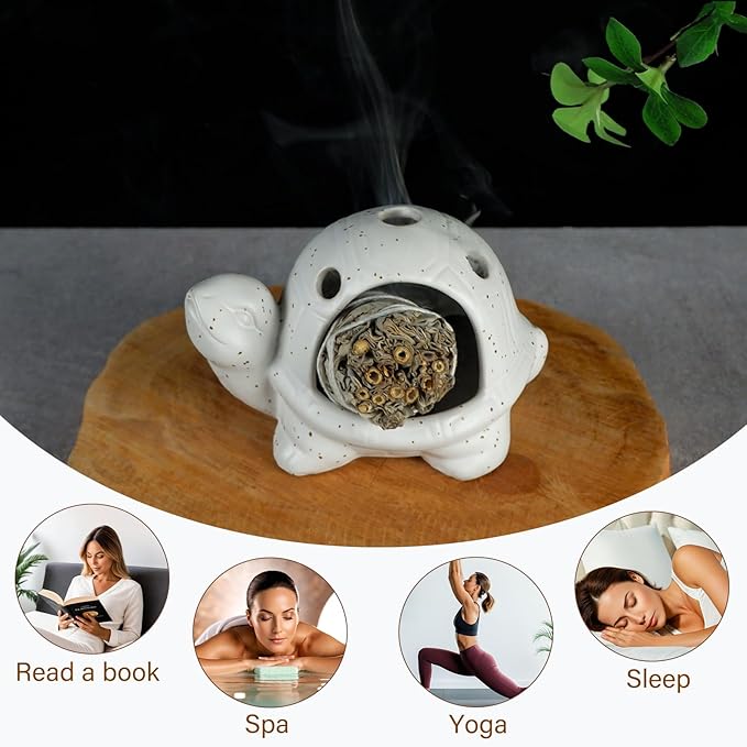 Handcrafted White Ceramic Turtle Palo Santo Holder, Sage, Cone Incense and Copal Burner Holder | Ideal for Meditation, Yoga, Aromatherapy & Altar Spaces | Zen-Inspired Home Decor Gift MOUGIGI