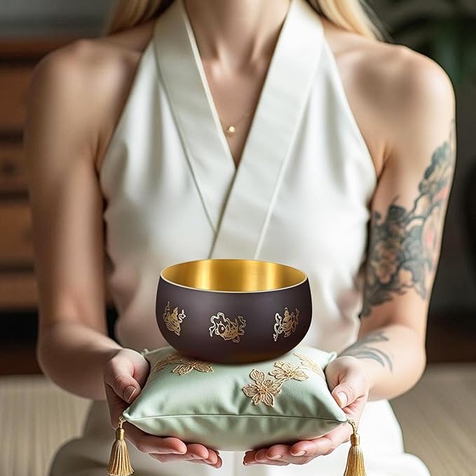 Tibetan Handmade Singing Bowl—Meditation Sound Bowl Handcrafted in Nepal with Striker &2 PC Cushion -ENHANCES YOGA, MEDITATION, PRAYER Mindfulness, and Stress Relief Unique Spiritual Gifts (4") ViLoSa