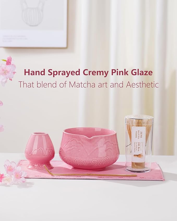 ZENS Pink Matcha Set, Matcha Whisk Set Includes 15oz Ceramic Bowl & (Chasen Holder), Bamboo Whisk & Scoop, Sifter and Pink Tea Towel, 6pcs Matcha Kit for Matcha Lovers - Bloomnest