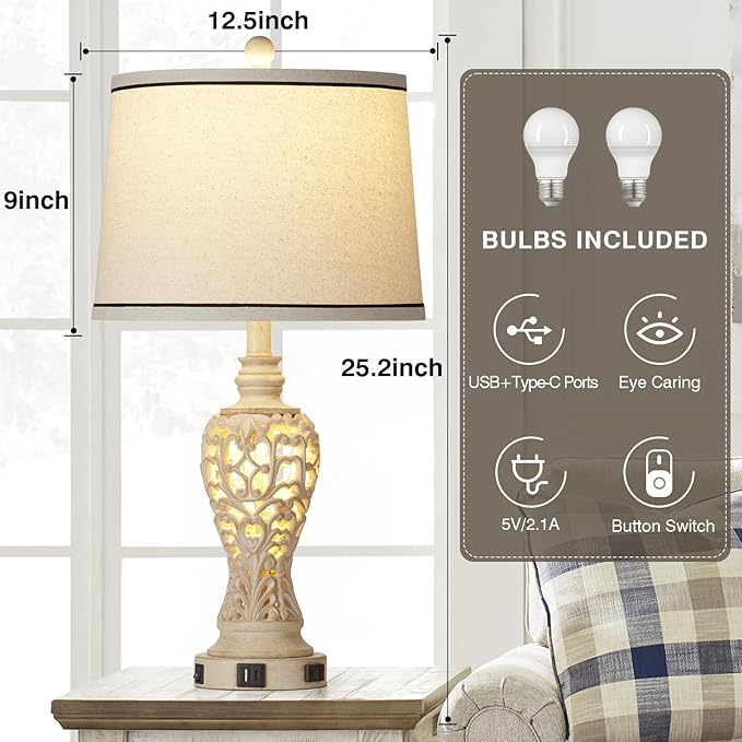 Table Lamps Set of 2, Farmhouse Table Lamps with Nightlight, Rustic Bedside Lamps with Dual USB & AC Outlet, 25.2'' Beige Vintage Nightstand Lamps for Bedroom Living Room, Bulbs Included - Bloomnest