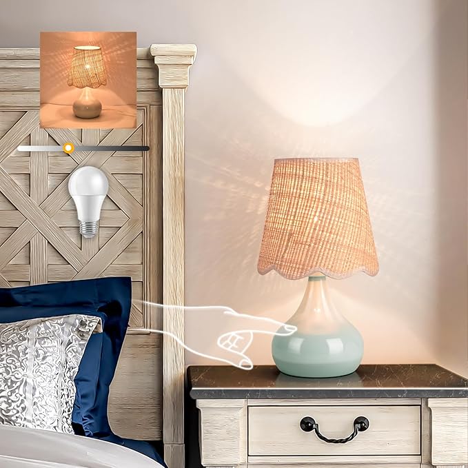 Blue Small Touch Control Table Lamp for Bedroom, Blue Bedside Lamps for Nightstand,Cute Mini Small Table Lamps for Small Spaces with Scalloped Shade for Kitchen Counter,Bookshelf,Living Room - Bloomnest