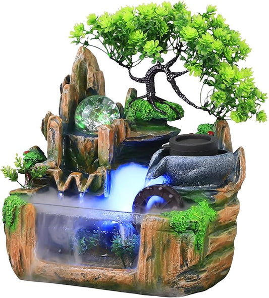 Gdrasuya10 Indoor Fountain, Tabletop Rockery Fountain with LED Lights, Goldfish Waterfall, Durable Resin Material, Ideal for Office, Home, Bedroom - Bloomnest