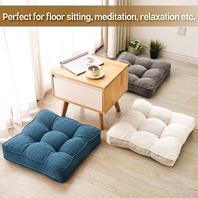Floor Pillow Set of 2, Memory Foam Floor Cushions for Adults, Large Square Meditation Pillow for Sitting, 22 x 22 Inches (Square | Beige)