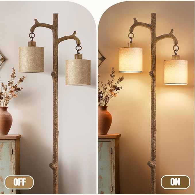 Rustic Floor Lamp for Living Room - Newly Upgraded Heavy-Duty Resin Base Farmhouse Floor Lamp with 2 Country Vintage Reading Light - Standing Lamps for Bedroom Office Home Decor (Brown, 2 Bulbs) - Bloomnest