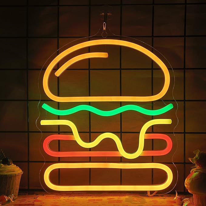 Attivolife Hamburger Neon Sign for Wall Decor, Light up Delicious Food Hamburg LED Lamp with Dim USB Powered, Unique Business Fast Food Shop Restaurant Decoration, Christmas Day Birthday Party - Bloomnest