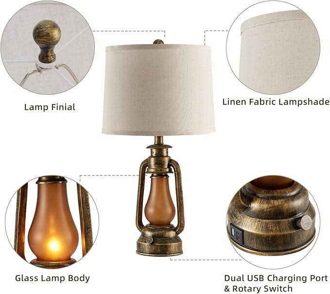 RORIANO 25" Set of 2 Rustic Lantern Table Lamps for Living Room Bedroom, 2 USB Ports Farmhouse Vintage Bedside Desk Lamp Nightlight for Entryway Office End Table, 4 Bulbs Included - Bloomnest