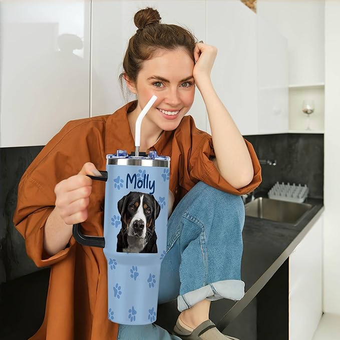 Personalized Tumbler with Dog Pet Photo Face & Name, Custom 40oz Funny Tumblers with Handle and Straw Lid, Gag Gifts For Birthday Christmas, Insulated Stainless Steel Travel Coffee Mug - Bloomnest