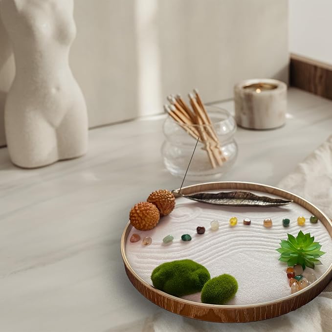 Japanese Zen Garden Kit for Desk, Bamboo Sand Garden Meditation Therapy Tray Gift Set, Mini Zen Décor Office Desktop Accessories - 2 Textured Spheres, Incense with Holder - Bloomnest