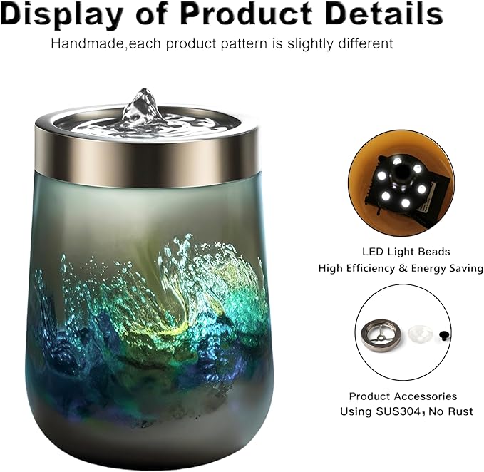 VOREEN Handblown Glass Tabletop Fountain – Grey Art Glass Indoor Fountain with Cool White Ambient Glow – Optional Aromatherapy for Home, Spa, Office Décor - Bloomnest