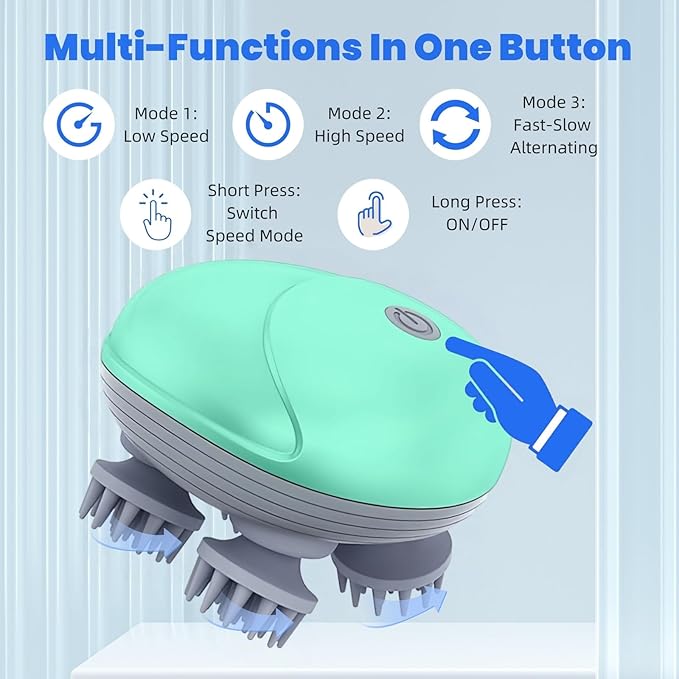 Electric Scalp Massager for Men Women, Handheld Cat Dog Pet Head Massager with 4 Massage Heads, 3 Speeds, Waterproof, for Hair Growth, Soothing Muscles Joints, Stress Relax(Green) Bloomnest