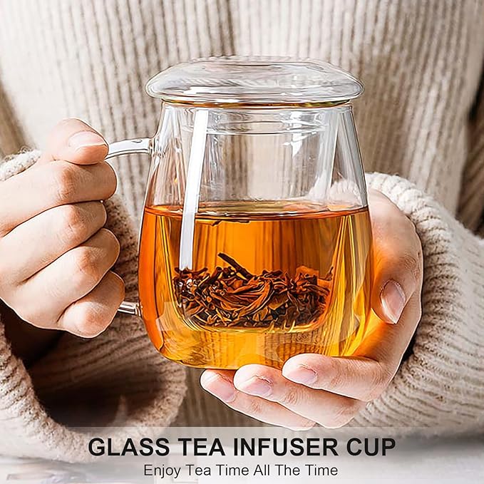 Lezero Glass Tea Cup with Strainer and Lid Gift Kit, Borosilicate Infuser Mugs with Filter for Blooming & Loose Leaf Tea, Heat Resistance, Lead-free, Microwave & Dishwasher Safe, 17oz - Bloomnest
