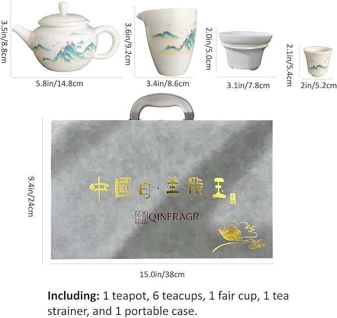 Landscape-Painted Chinese Gongfu Porcelain Tea Set: 6 Teacups & 1 Teapot. Made of Chinese/Japanese-style porcelain, ideal as a gift for business occasions & holidays(Landscape Design) - Bloomnest