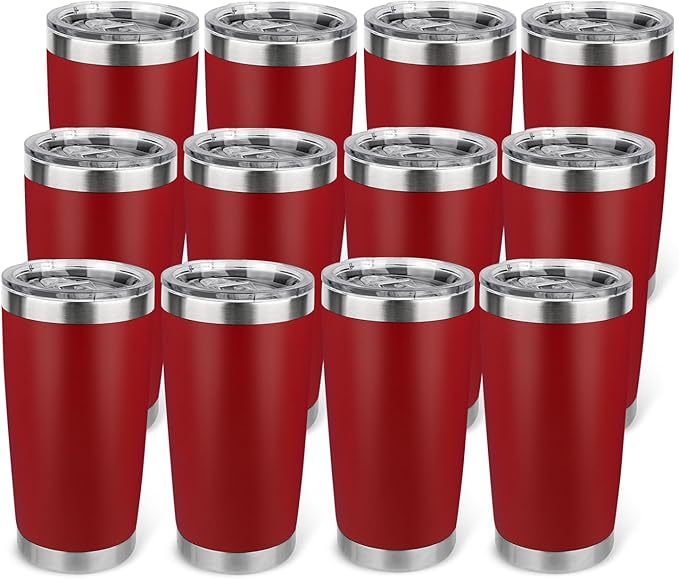 20oz Stainless Steel Tumbler Bulk with Lid, Travel Mug - Double Wall Vacuum Powder Coated Cup - Red, 12 Pack - Bloomnest