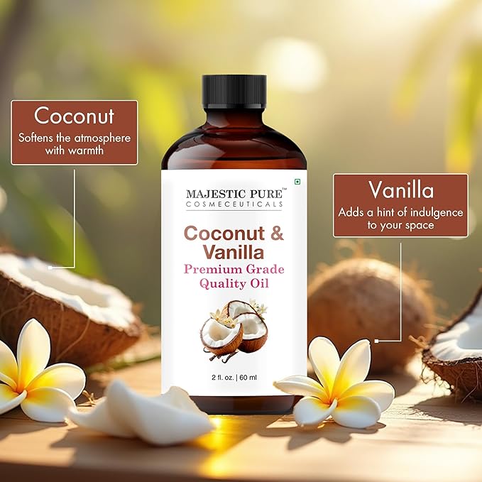 Majestic Pure Coconut Vanilla Essential Oil with Glass Dropper - 2 Fl Oz - 100% Pure and Natural Coconut Vanilla Oil - Premium Grade Essential Oils for Diffuser, Aromatherapy, Soap and Candle Making - Bloomnest