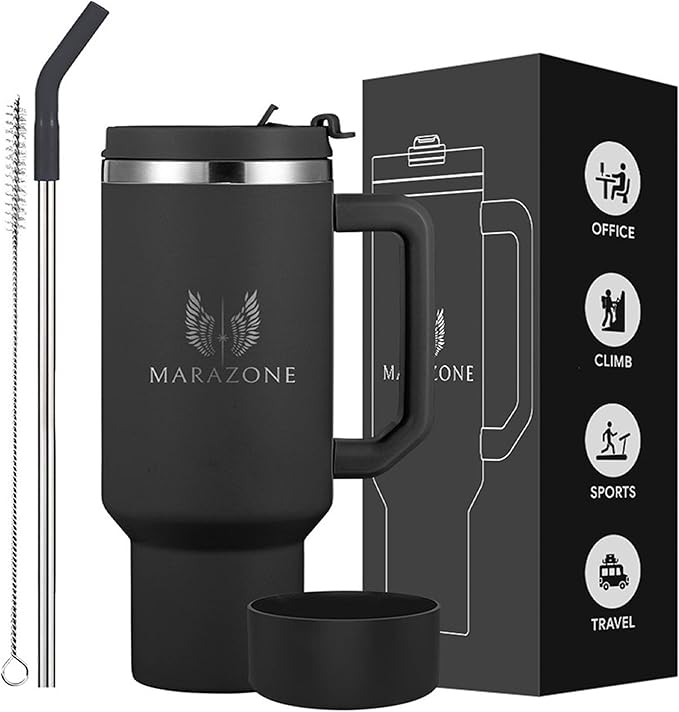 40 oz Insulated Tumbler with Handle and Straw – Stainless Steel Double Wall Vacuum Cup Fits Car Cup Holder, Hot Cold Travel Mug, BPA Free Reusable Water Bottle for Men Women - Midnight Black - Bloomnest