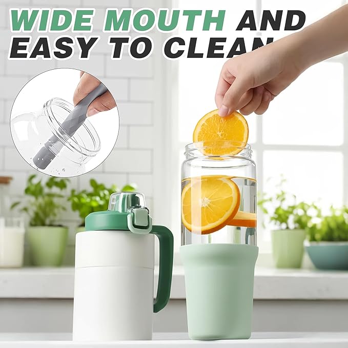 32 oz Glass Tumbler with Handle, 2-in-1 Straw and Sip Spout, Leakproof, BPA-Free Glass Water Bottle for Sports, Office, School, Light Green - Bloomnest