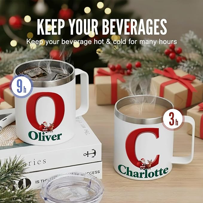 Personalized Christmas Insulated Mug w/Handle, Custom Initial Name, Santa Reindeer Design, Stainless Steel Tumbler, Hot/Cold Drinks, Unique Holiday Gift for Men, Women, Kids(B121) - Bloomnest