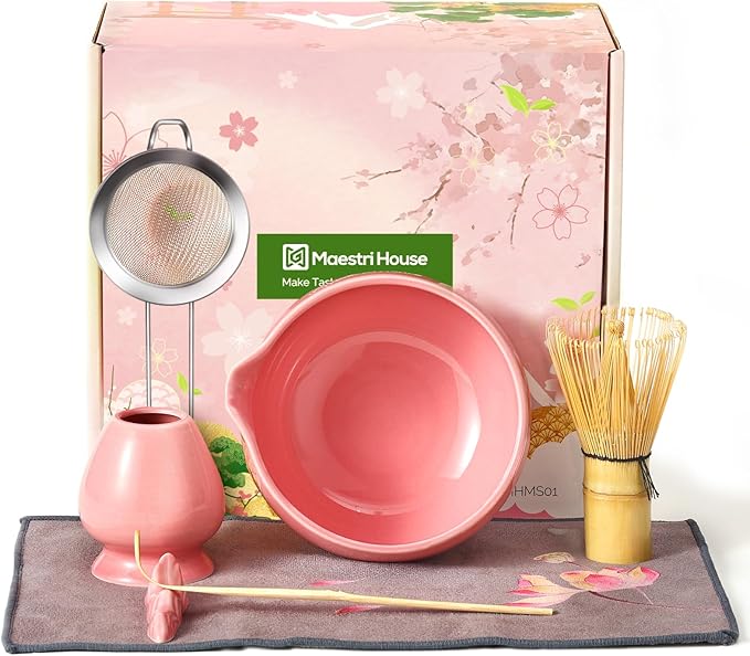 Maestri House Pink Matcha Whisk Set, 7-Pc Complete Matcha Kit with Spouted Ceramic Bowl, Bamboo Whisk and Holder, Scoop, Spoon Rest & Sifter, Tea Cloth – Ideal Gift for Matcha Lovers (Pink) - Bloomnest