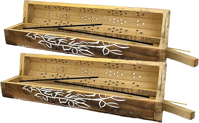 2 Pack Wooden Coffin Incense Sticks Burner - 12 Inches Carved - Storage Compartment (Carved Bird on Branch) - Bloomnest