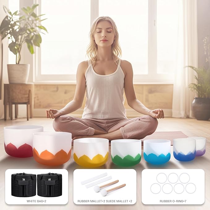 6-12 inch Lotus Design Colored Rim Chakra Tuned 432hz Set of 7 Quartz Crystal Singing Bowls with Heavy Duty Carrying Cases and Singing Bowl Mallet Suede Strikers