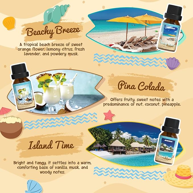 Beach Fragrance Oils Set, ARVIDSSON Summer Essential Oils for Diffuser - Beachy Breeze, Ocean Air, Pina Colada, Pink Sand, Sea Salt, Island Time, Tropical Scented Oil - Bloomnest