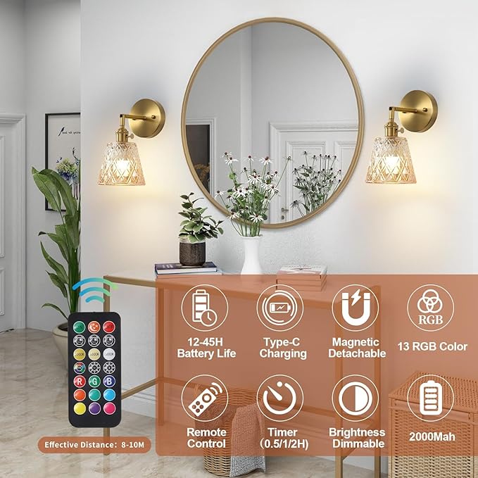 2 Pack Vintage Battery Operated Wall Sconces, Flower Amber Lampshade & 180 Degree Adjustable, Wireless Rechargeable RGB Wall Light with Remote Control, for Bedroom Living Room Hallway Aisle - Bloomnest