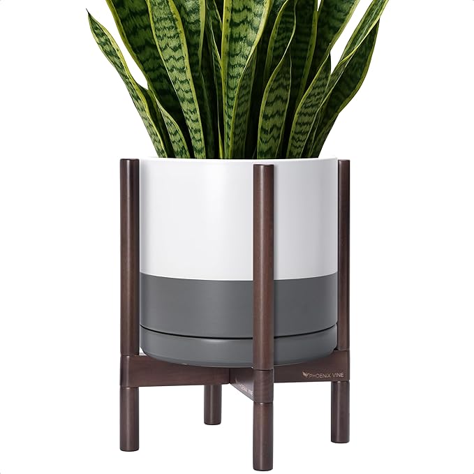 D'vine Dev Ceramic Planter with Walnut Color Stand - 12 Inch Modern Round Flower Pot with Wood Planter Holder, White/Grey, 55-B-W-6 - Bloomnest