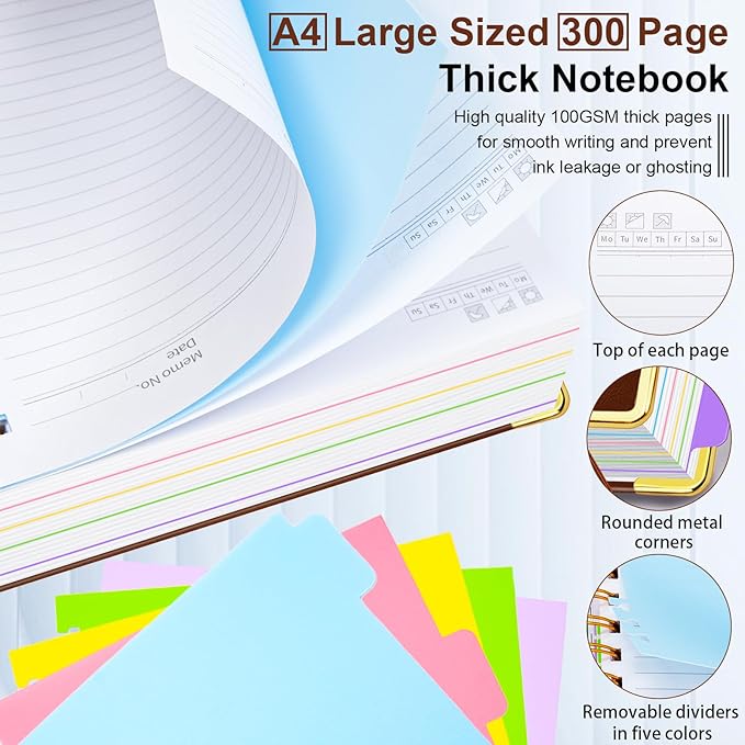 Hardcover Spiral Notebook 8.5"x11" Journal Notebook with Tabs and Removable Dividers 300 Pages 5 Subject Notebook College Ruled, Faux Leather Spiral Bound Notebook for Women School Work (Brown) - Bloomnest