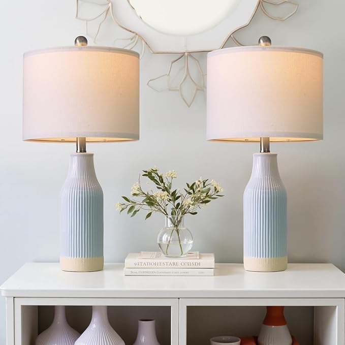 23.75inch Light Blue Modern Ceramic Bedside Lamp Set of 2 for Bedroom Decor Farmhouse Table Lamp for Living Room Office Dorm - Bloomnest