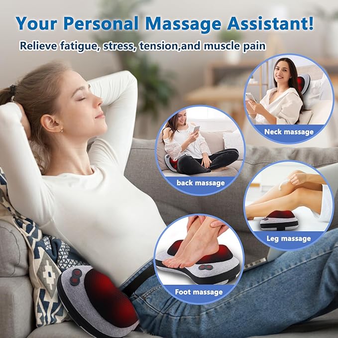 Massage Pillow, Neck and Back Massager with Heat, Shiatsu Massage Pillow for for Back, Shoulder, Leg, Foot, Gift for Men Women Mom Dad, Stress Relax at Home Office and Car - Bloomnest