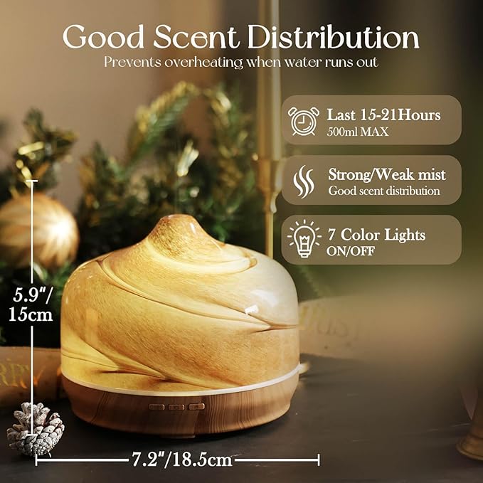 Porseme 500ml Glass Essential Oil Diffuser Aromatherapy Ultrasonic Cool Mist Humidifier 15-21 Running Hours Waterless Auto-Off Air Diffusers for Sleeping,Yoga,Office Working,Spa and Rest (Desert) - Bloomnest