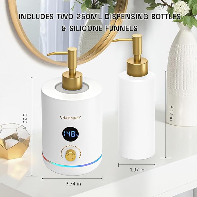 CHARMKEY Massage Oil Warmer White, 2 Oil Bottle Dispensers & 2 Silicone Funnels, Digital Heater for SPA, Oil Lotion Cream for Salon, Barber Shops, Home - Bloomnest