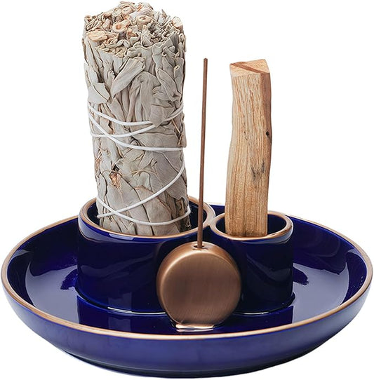 4 in 1 Incense Holder, Ceramic Incense Stick and Palo Santo Holder,Sage Holder for Burning- 5.5" Ceramic Ash Catcher Tray for Meditation and Yoga Room (Blue Golden) - Bloomnest