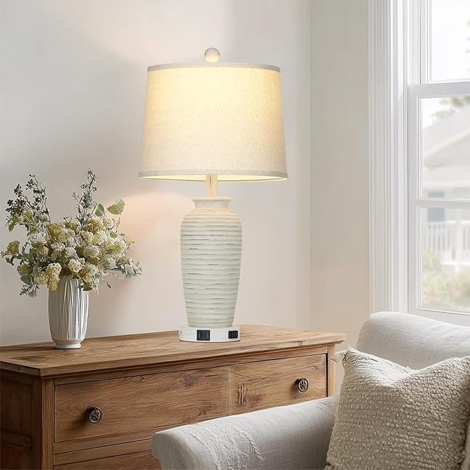 25" Retro White Farmhouse Jar Table Lamps Set of 2, 3 Way Touch Control Rustic Bedside Lamps with USB A+C Ports & AC Outlet, Pot Nightstand Lamps for Bedroom Living Room (LED Bulbs Included) - Bloomnest