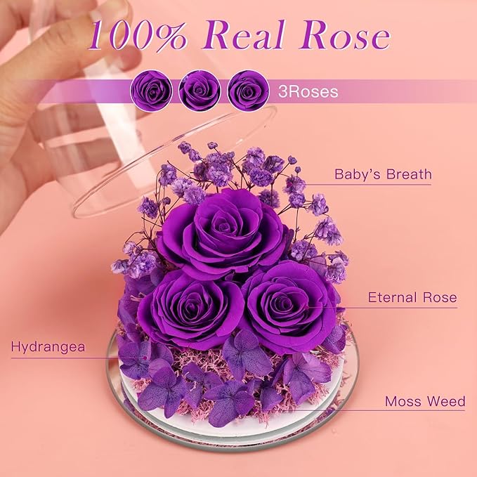 Valentines Day Gifts for Her Women Preserved Flower Rose, Forever Eternal Flowers in Glass Angel Figurines Flowers for Delivery Prime Purple Gift for Grandma Mom Sister Wife Girlfriend Mother Birthday - Bloomnest