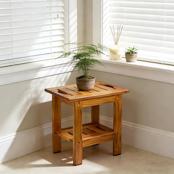 Utoplike Teak Shower Stool, Compact Shower Bench with Shelf & Handle, Foot Rest for Shaving Legs, 2-Tier Small Wooden Bath Seat with Non-Slip Feet for Bathroom, Bathtub, or Outdoor Use - Bloomnest