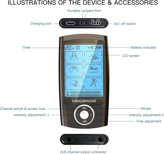 MegaWise 48 Modes（24 * 2） Dual Channel EMS TENS Unit Muscle Stimulator with 14Pcs Reusable Electrode Pads. Rechargeable Continuous Mode Electronic Pulse Massager with Storage Pouch/Pads Holder
