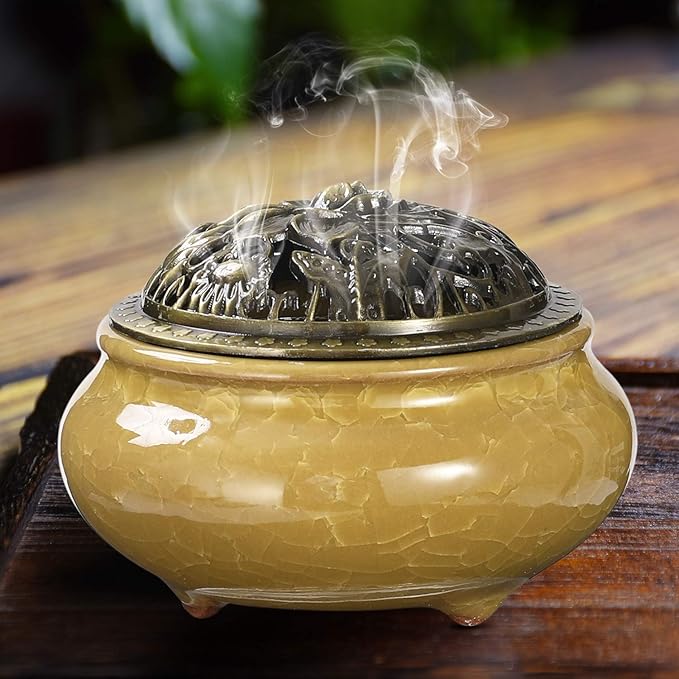 Incense Burner and Cone Incense Holder with Calabash Incense Stick Holder Ceramic Ash Catcher Yellow - Bloomnest