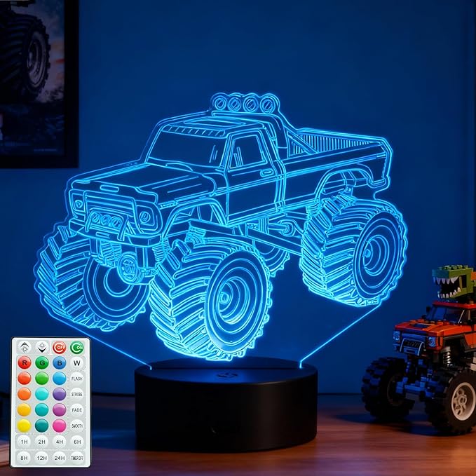 Monster Truck Night Light, Monster Truck Gifts, 3D Illusion Lamp with Remote Control, 16 RGB Colors, 4 Flashing Modes, Timer, Dimmable, Kids Room Decoration for Holiday Birthday Christmas - Bloomnest