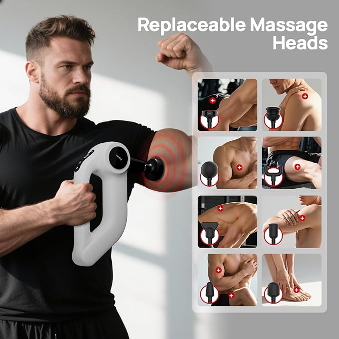 Deep Tissue Massage Gun with Heat, 12mm Amplitude Percussion Massager for Athletes & Muscle Relief, Professional Handheld Masssger Gun for Neck, Back, Shoulder, Leg, Gift for Men, White - Bloomnest