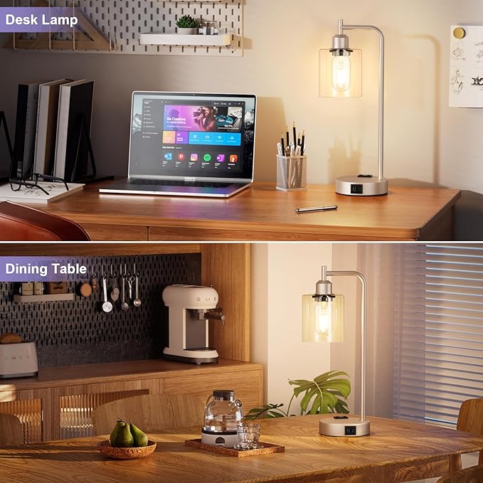 Industrial Touch Table Lamps for Bedrooms Set of 2 - 3-Way Dimmable Lamps with USB C+A Ports and Outlet, Champagne Gold Bedside Lamps with Clear Glass Shade for Living Room, Desk Lamps for Home Office - Bloomnest