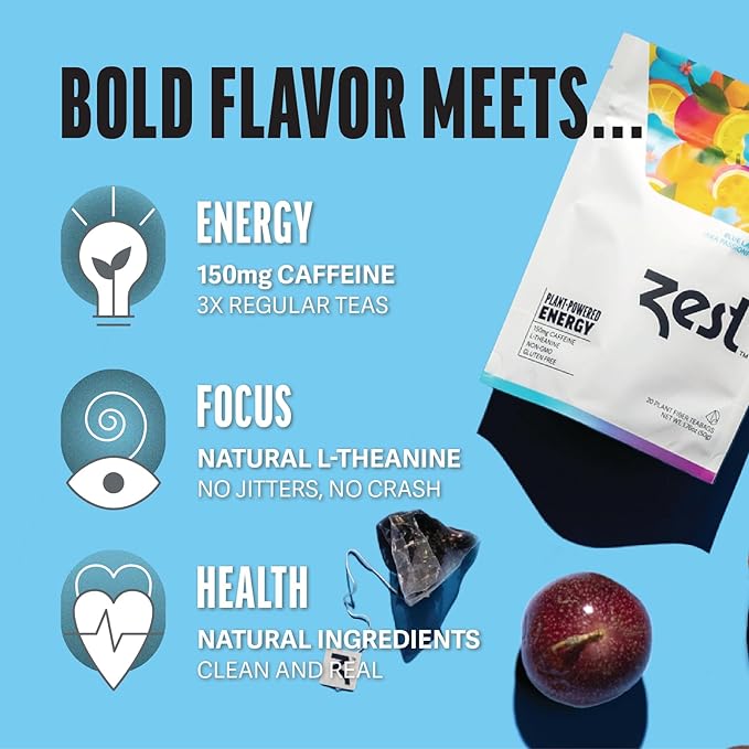 Zest Energy Tea Bags – Blue Lady Passion Fruit Black Tea – High Caffeine Tea for Morning Energy, Focus & Clarity – Natural Caffeinated Tea with 150mg Caffeine – 20Ct Pack – Non-GMO & Keto Friendly - Bloomnest
