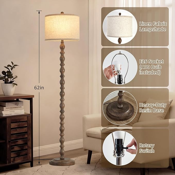 Luvkczc 62" Floor Lamp,3-Color Temperature Farmhouse Standing Lamp, Retro Rustic Tall Floor Lamps with Rotary Switch, Resin Standing Lamp for for Living Room,Bedroom,House, Office(Grayish Brown) - Bloomnest