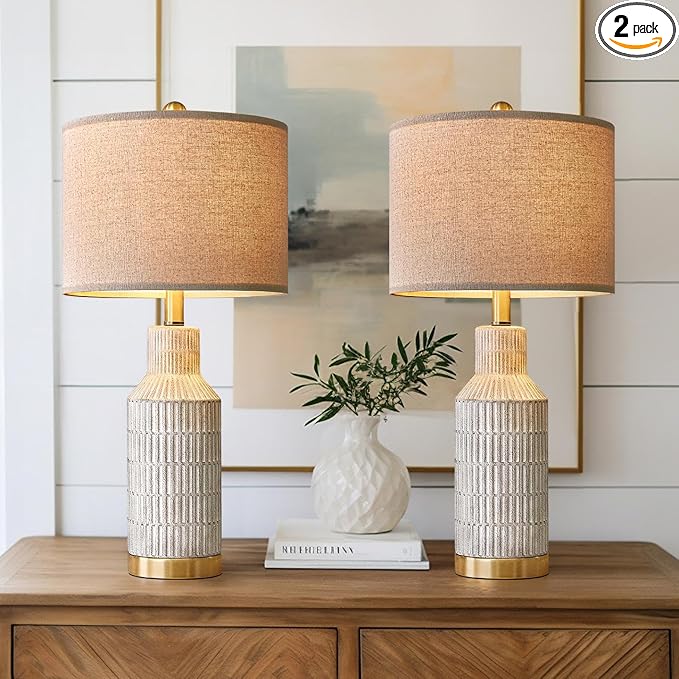 25" Table Lamps Set of 2 - Modern Bedside Lamps for Living Room - White Washed Ceramic Nightstand Lamps for Bedroom - Bloomnest