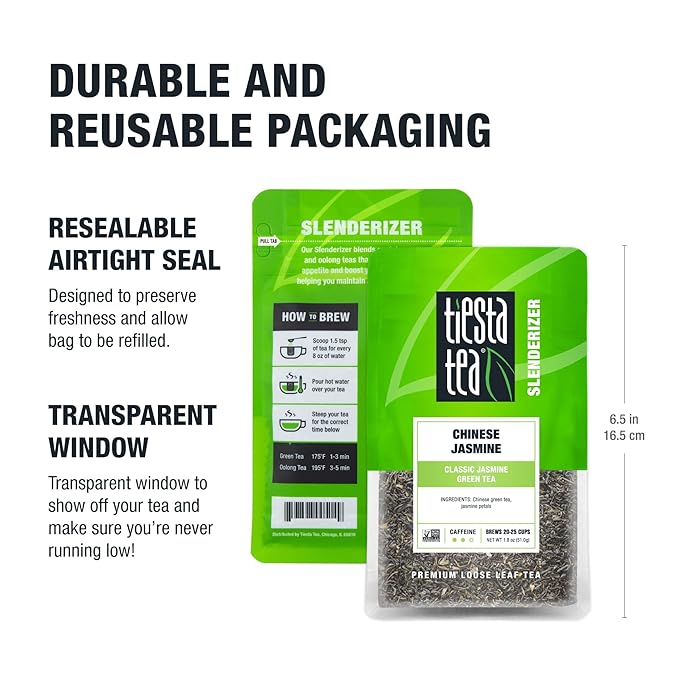 Tiesta Tea - Chinese Jasmine, Loose Leaf, Classic Jasmine Green Tea, Premium Blend, Medium Caffeinated Green Blend, Make Hot or Iced & Brews Up to 25 Cups, 1.8 Ounce Resealable Pouch - Bloomnest