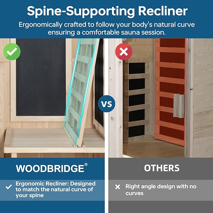 Woodbridge Infrared Home Sauna Room 1 Person Japanese Cedar Indoor Sauna with 7 Carbon Heaters, Red Light Therapy, Bluetooth Speaker, Intelligent Control Panel, Tempered Glass & Top Vent WOODBRIDGE