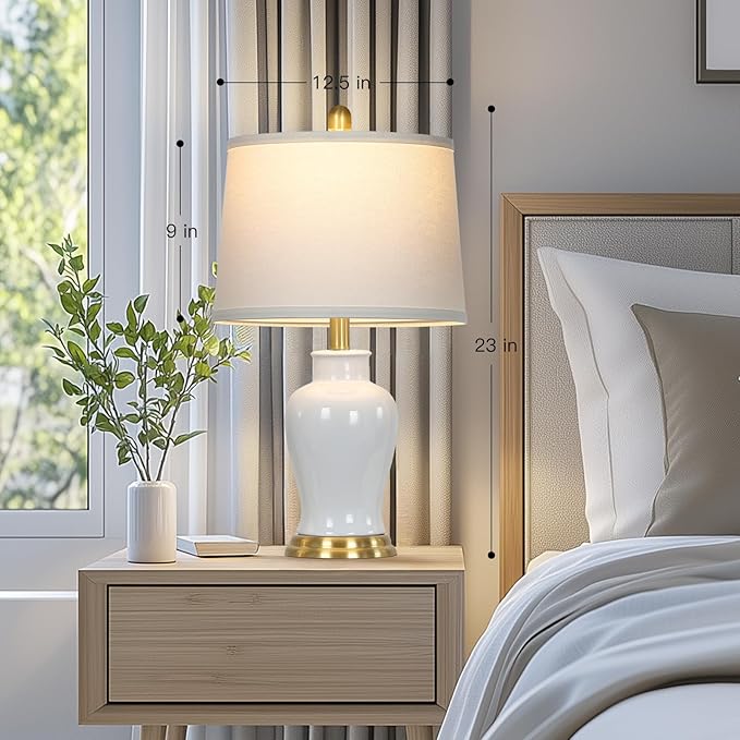 Modern Ceramic Table Lamps Set of 2, 23" White Ceramic Lamps for Living Room, Rustic Farmhouse Bedside Lamp with Ginger Jar Design, Elegant Bedroom Lamp for Nightstand Desk Side End Table Home Decor - Bloomnest