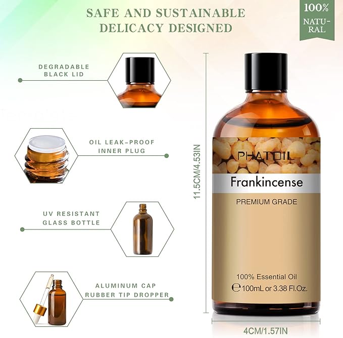 PHATOIL Frankincense Essential Oil 100ML, Essential Oils for Diffuser, Humidifier, Aromatherapy, Perfect for DIY Soap, Candle, Bath Bombs Making PHATOIL